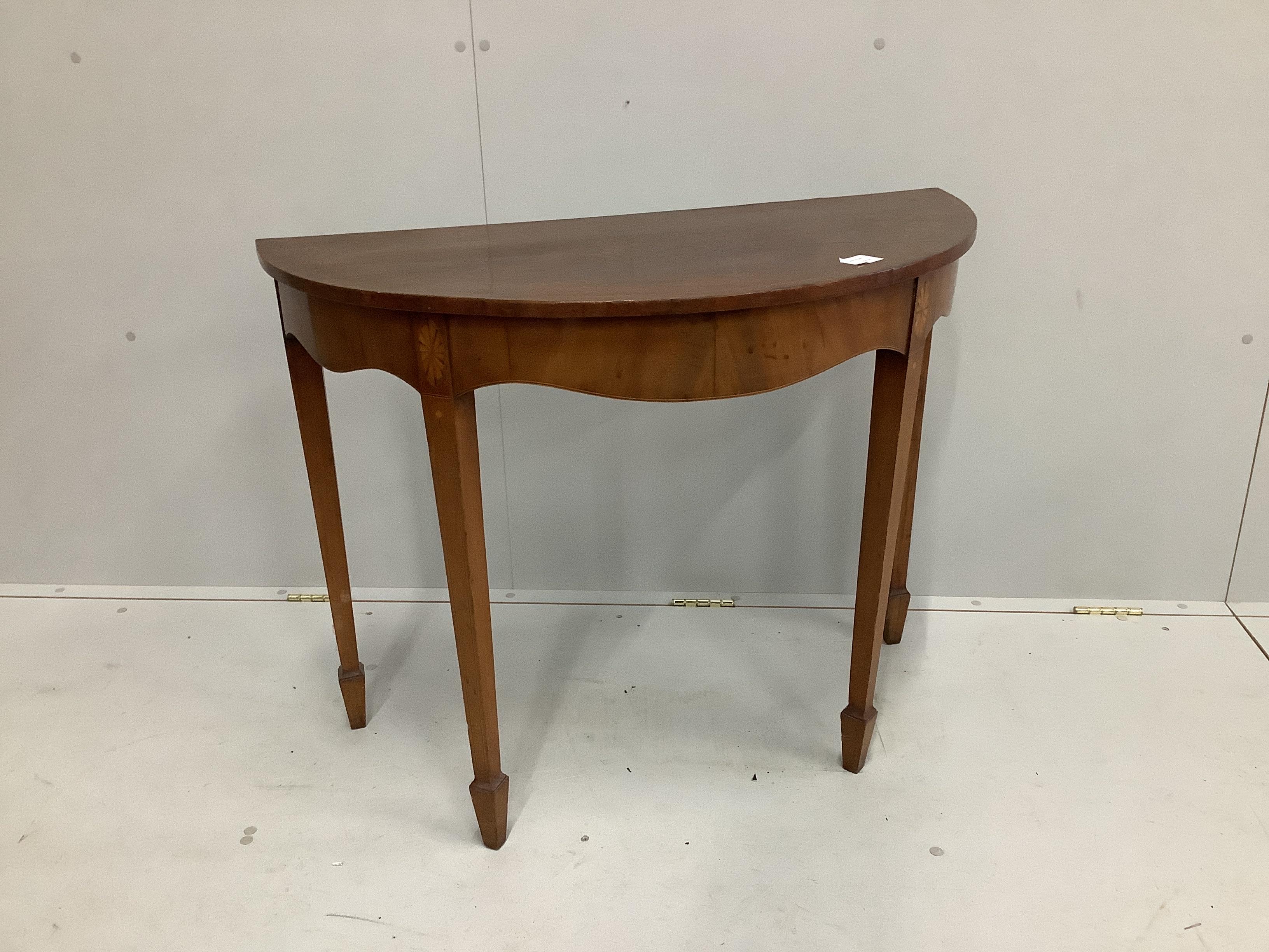 A George III inlaid mahogany demi-lune side table, converted from a card table, width 91cm, depth 45cm, height 71cm